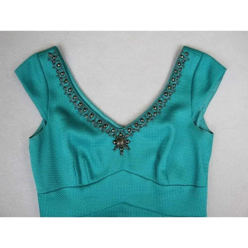 TAHARI - WOMEN'S TEAL GREEN SHEATH DRESS - BEADED NECKLINE - SIZE 4 - Picture 6 of 14